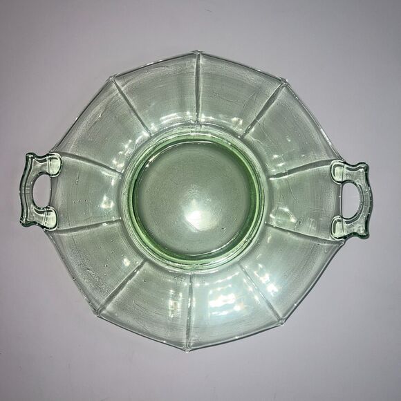 Unbranded Other - Cake Plate Vintage Green Depression Glass 11" Handled Octagon